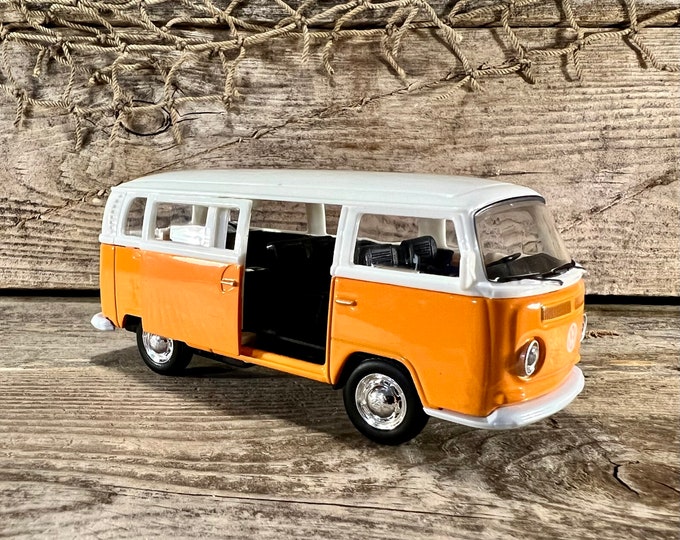 1967 Yellow and White Die-Cast Volkswagen (VW) Beach Bus with Pull-Back Action and Sliding Door