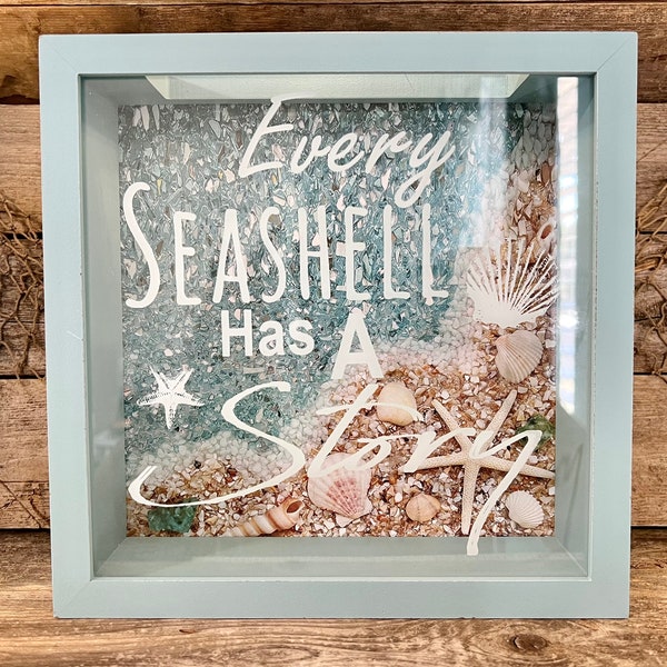 Distressed Teal “Every Seashell Has A Story” Seashell Shadow Box Keeper