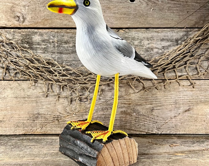Hand-Painted Carved Wood Seagull On Block Statue