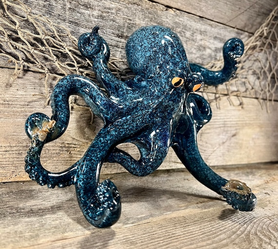 Polyresin Blue Octopus Tabletop Figure and Wall Hook With Metal