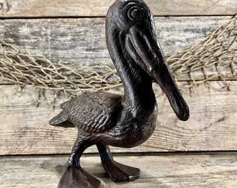 Standing Cast Iron Rust-Brown Coastal Pelican Statue
