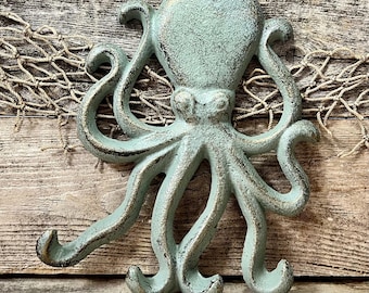 Distressed Finish Green Patinated Brass-Look  Cast Iron Octopus 4-Prong Wall Hook