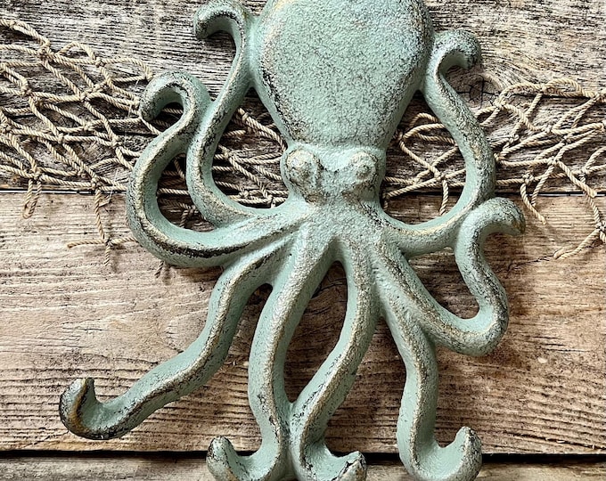 Distressed Finish Green Patinated Brass-Look  Cast Iron Octopus 4-Prong Wall Hook