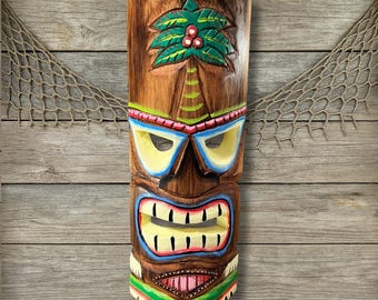 Handmade Coconut Palm Tiki Mask: Wood Wall Art - Tropical Coastal Decor