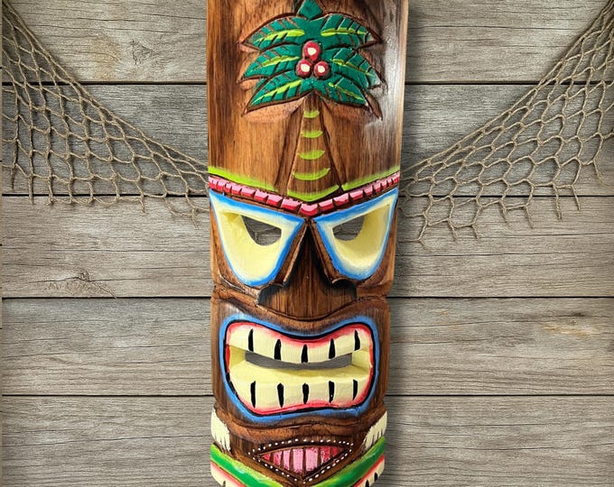 Handmade Coconut Palm Tiki Mask: Wood Wall Art - Tropical Coastal Decor