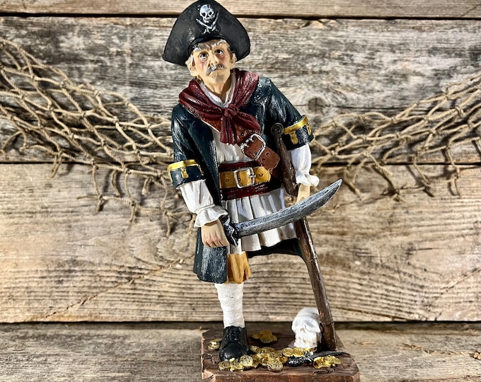 Hand-Painted Resin Pirate Captain with Crutch, Skull and Treasure Statuette