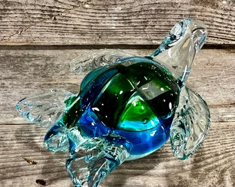 Handblown Glass Crystal Clear Sea Turtle with Blue and Green Swirl Shell Figurine and Paperweight