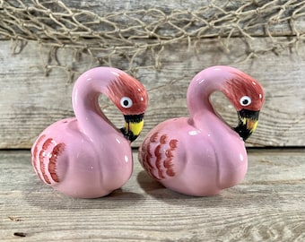 Hand-Painted  Pink Flamingo Couple Ceramic Salt and Pepper Shakers