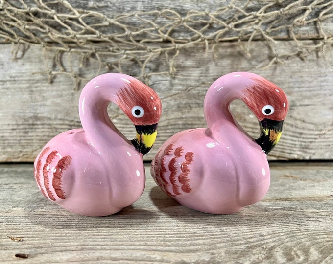 Hand-Painted  Pink Flamingo Couple Ceramic Salt and Pepper Shakers