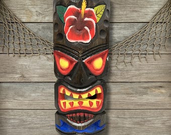 Hand Painted Tiki Mask: Hibiscus Flower Wood Wall Art