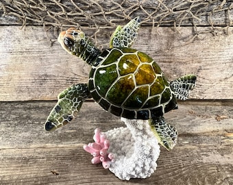 Polyresin Green Sea Turtle On Resin Coral with Pink Anemone Base Statuette