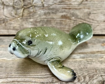 Watercolor Finish Manatee Figurine Cute Resin Coastal Decor Happy Sea Cow Tabletop Art Beach Lover Gift Florida Nautical Accent