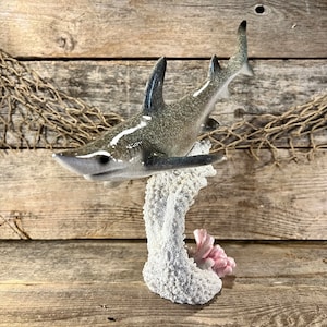 Reef Shark On Coral Base with Pink Anemone Polyresin Statue