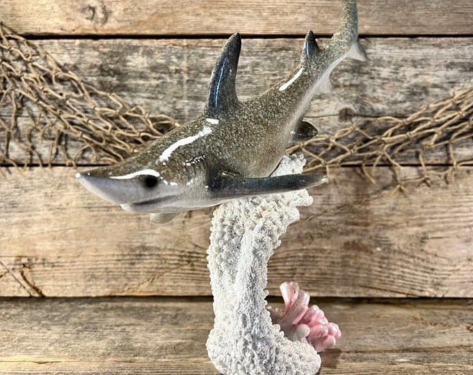 Reef Shark On Coral Base with Pink Anemone Polyresin Statue