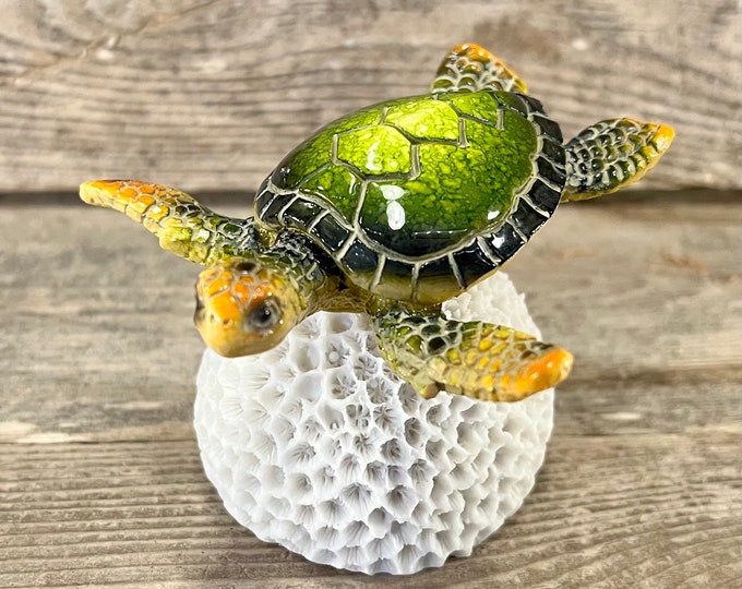 Polyresin Green Sea Turtle On Resin Coral Base Figurine