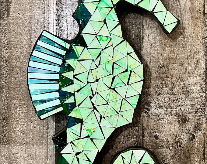 Seahorse Wall Plaque; Green and Aqua Mosaic Glass On Wood Backer with Metal Eyelet Hanger