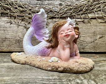 Resin Beautiful Mermaid Princess Resting On Sandy Beach with White and Lavender Tail Statuette