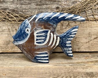 Hand Carved Wooden Angelfish Statue: Rustic Coastal Decor