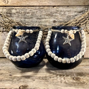 Handmade Coastal Glass Jar Set: Deep Blue Beaded Handle, Starfish Decor