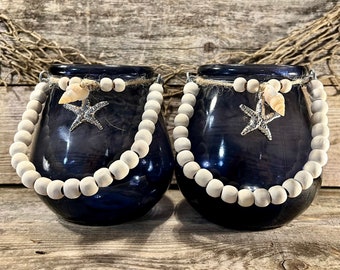 Handmade Decorative Deep Blue Glass Coastal Beaded Handle Jar with Starfish  and Seashell Embellishment SET OF 2