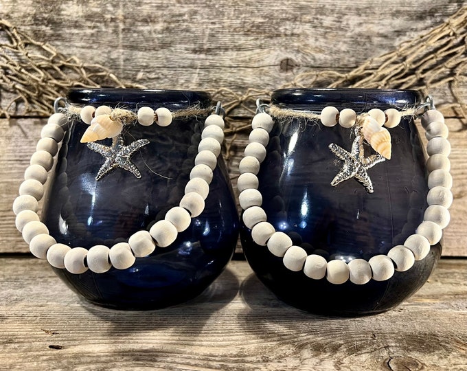 Handmade Decorative Deep Blue Glass Coastal Beaded Handle Jar with Starfish  and Seashell Embellishment SET OF 2