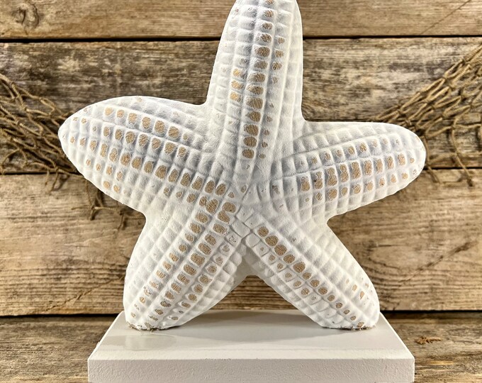 Distressed White Starfish Wooden Tabletop Sculpture