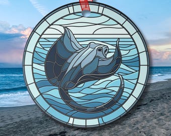 Suncatcher-Inspired Leaping Stingray Ornament Ocean Blue Metal with Ribbon Coastal Christmas or Year-Round Decor for Sea Life Lovers Gift