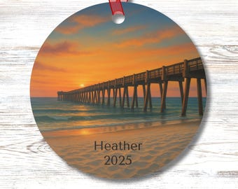 Personalized Pensacola Beach Pier Ornament Sunset Coastal Decor Gift Double Sided Christmas Ornament for Beach Lovers Travelers or Locals