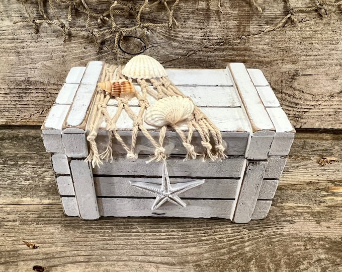 Distressed White Coastal Wood Treasure Box with Starfish, Seashells, and Fishing Net Embellishments; Rope Hinges