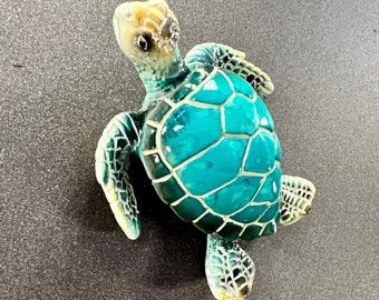 Sea Turtle with Blue-Green Watercolor Shell Polyresin Figurine and Magnet
