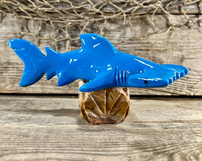 Blue Hammerhead Shark Handmade Marble Figurine On Natural Marble Base