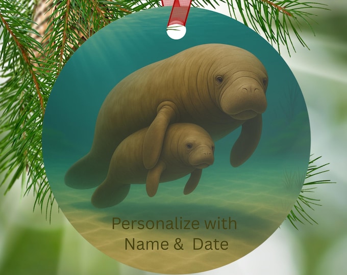 Personalized Manatee and Calf Ornament Custom Name Florida Sea Life Christmas Tree Decoration Gift for Ocean Lover Coastal Beach Home