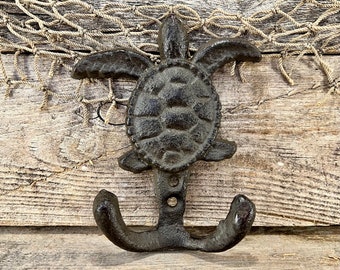Patinated Green Cast Iron Sea Turtle Two-prong Wall Hook 