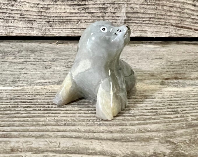 Miniature Hand-Carved, Hand-Painted Gray Marble Harbor Seal Figurine