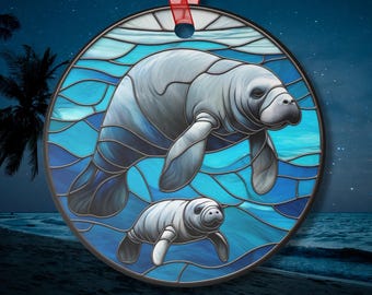 Suncatcher-Inspired Mother and Baby Manatee Ornament Florida Gift Ocean Decor for Manatee Lovers Year-Round Home and Car Decoration