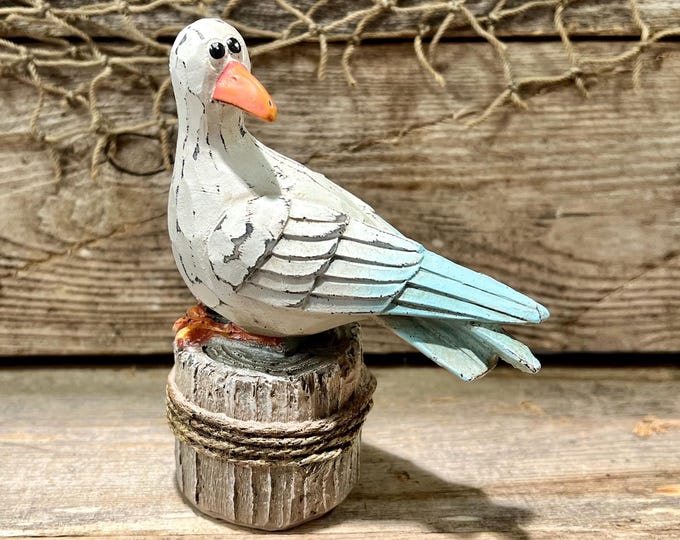 Miniature Wood-Look Silly Seagull Hand-Painted Resin Seagull Perched On Piling with Nautical Rope Embellished Tabletop Statuette