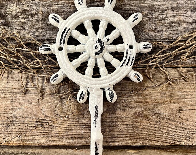 Distressed White Cast Iron Captain’s Ship Wheel Wall Hook