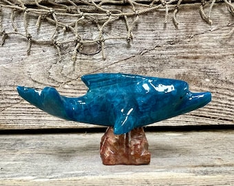 Blue Marble Dolphin Figurine Handcarved Mini Sculpture with Base Coastal Shelf Decor Beach House Gift for Dolphin Lover Collectors