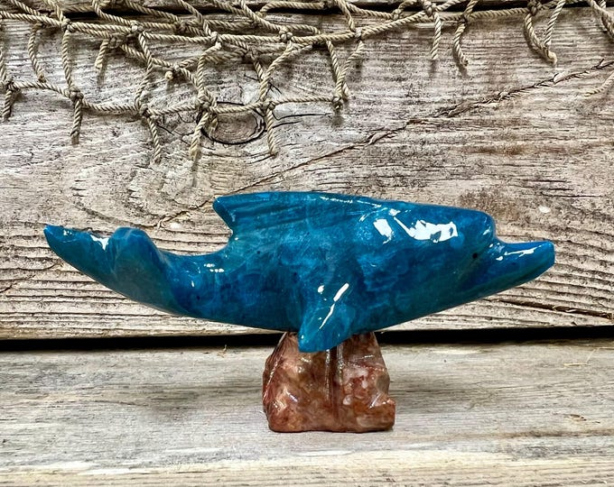 Handcarved Marble Blue Bottlenose Dolphin Miniature Sculpture with Base Coastal Decor Gift for Dolphin Lover Beach House Figurine
