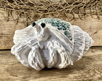 Happy Hermit Crab with Teal Crushed Glass Seashell Plaster Tabletop Figure