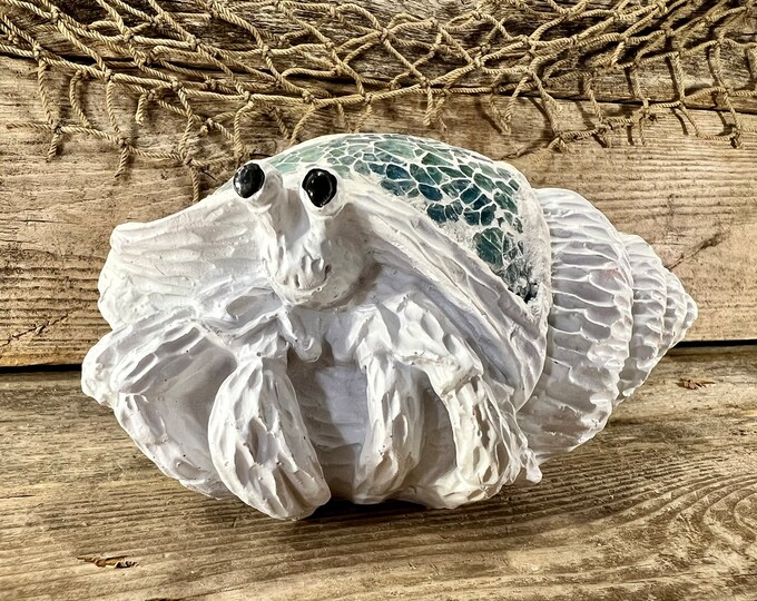 Happy Hermit Crab with Teal Crushed Glass Seashell Plaster Tabletop Figure
