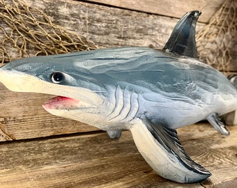 LARGE Hand-Painted Resin Great White Shark Tabletop Wood-Look Sculpture