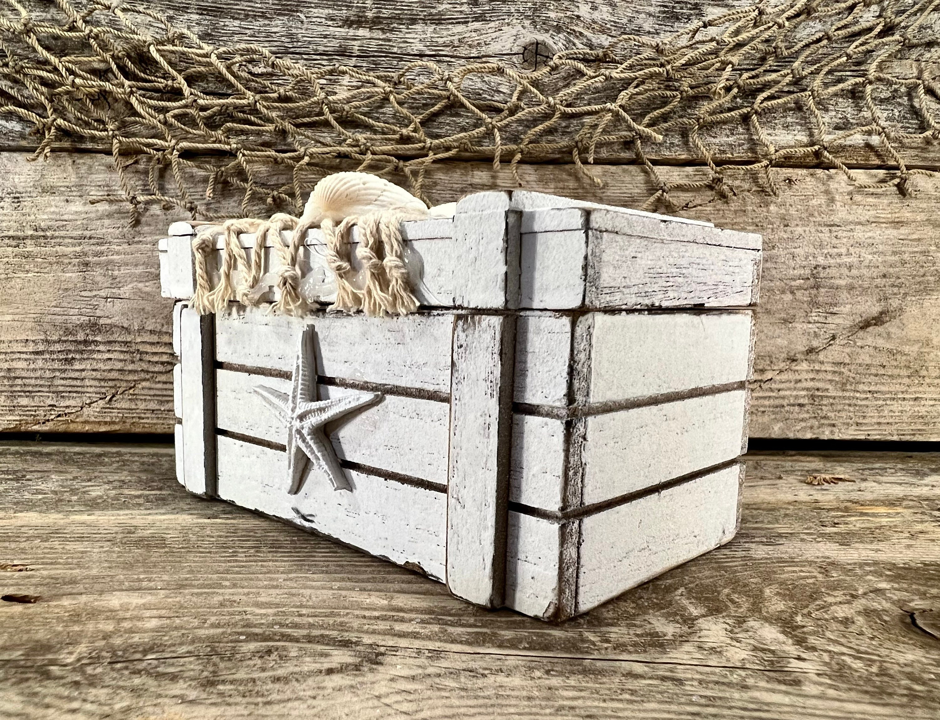 Distressed White Coastal Wood Treasure Box with Starfish, Seashells, and Fishing  Net Embellishments; Rope Hinges