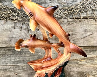 Exploring Natural Wood-Look Resin Scalloped Hammerheads Shark Pair Tabletop Statue