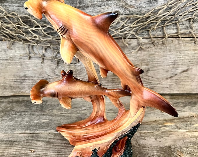 Exploring Natural Wood-Look Resin Scalloped Hammerheads Shark Pair Tabletop Statue
