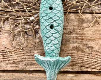 Hand-Painted Aqua Green and White Cast Iron Mermaid Tail Wall Hook
