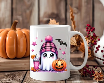 Halloween Coffee Mug, Cute Pink Ghost, Ghost and pumpkin, coffee mug, Halloween cup, Halloween gift, Fall Mug