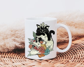 Skull and Black Cat Coffee Mug | Sweet and Spooky Halloween Gift