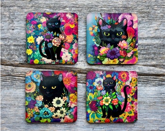 Black Cat Floral Coasters | Neoprene Coasters |  Coasters | Set of 4 Coasters | Cat Coasters Set |  Gift | Gift For Friend