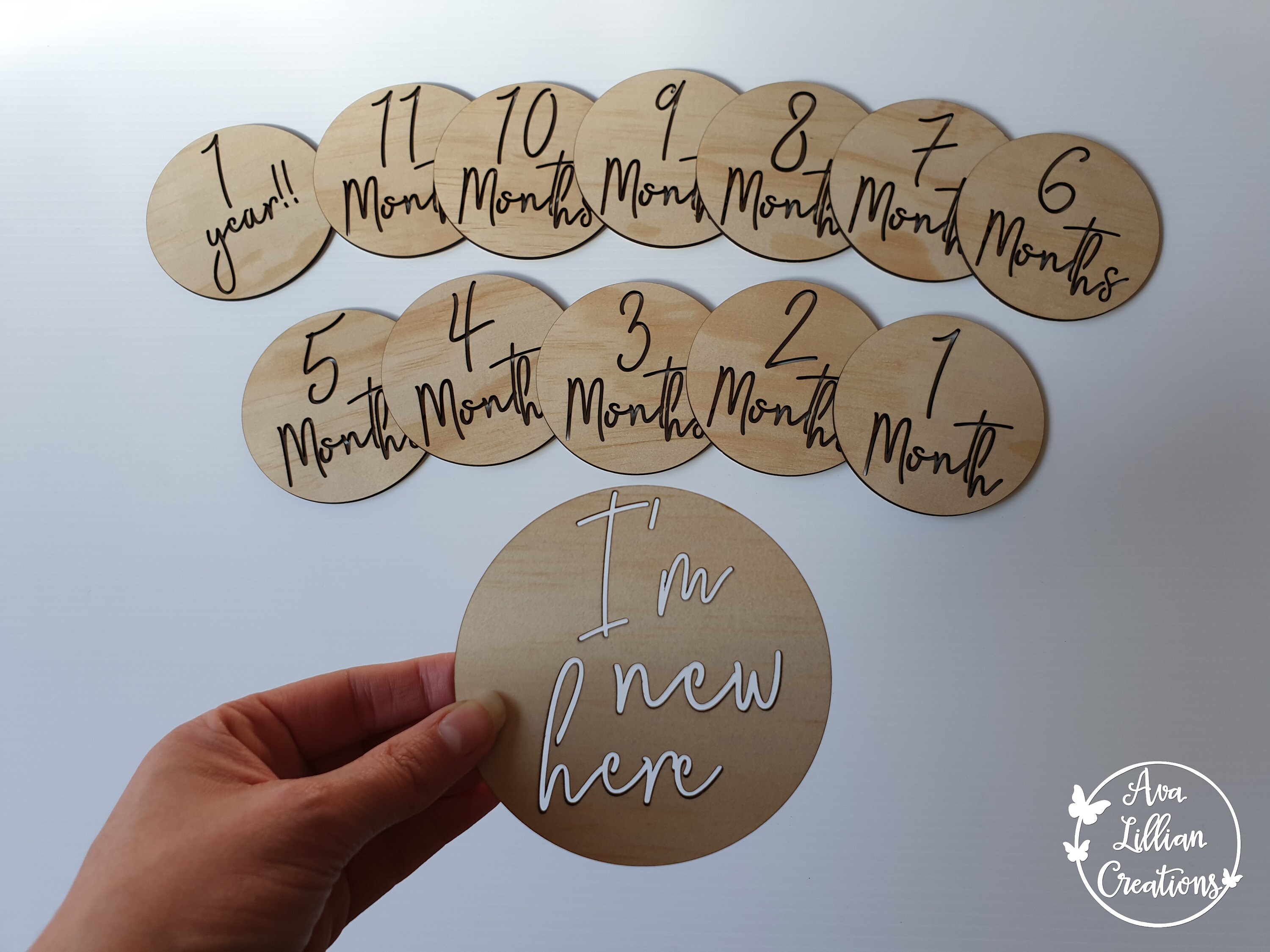 Personalised Wooden Baby Milestone Cards Round Newborn Baby Shower Gift ...